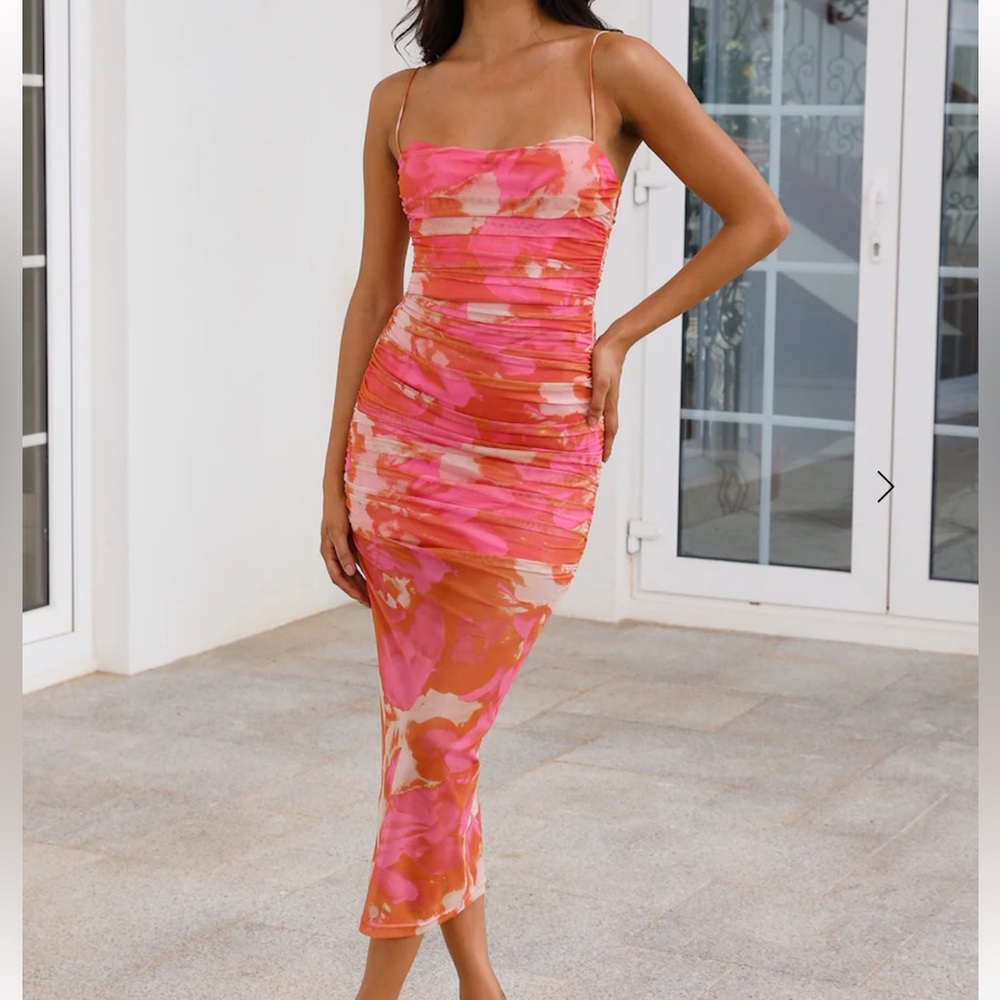 Hello Molly Pink & Orange Watercolor Ruched Midi Slip Dress